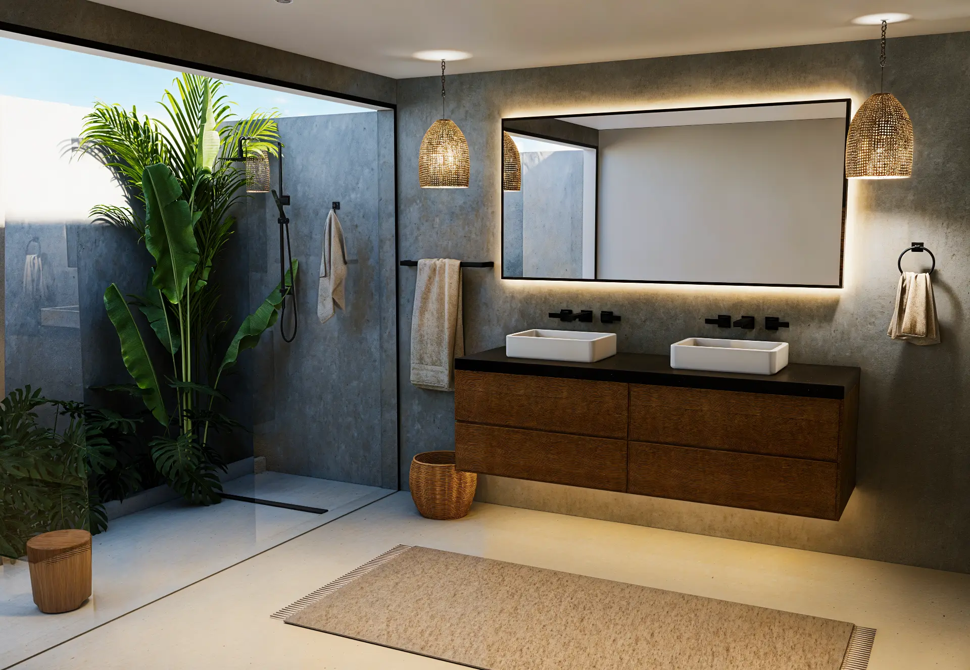 Modern renovated bathroom render with concrete walls, double vanity, and tropical plants