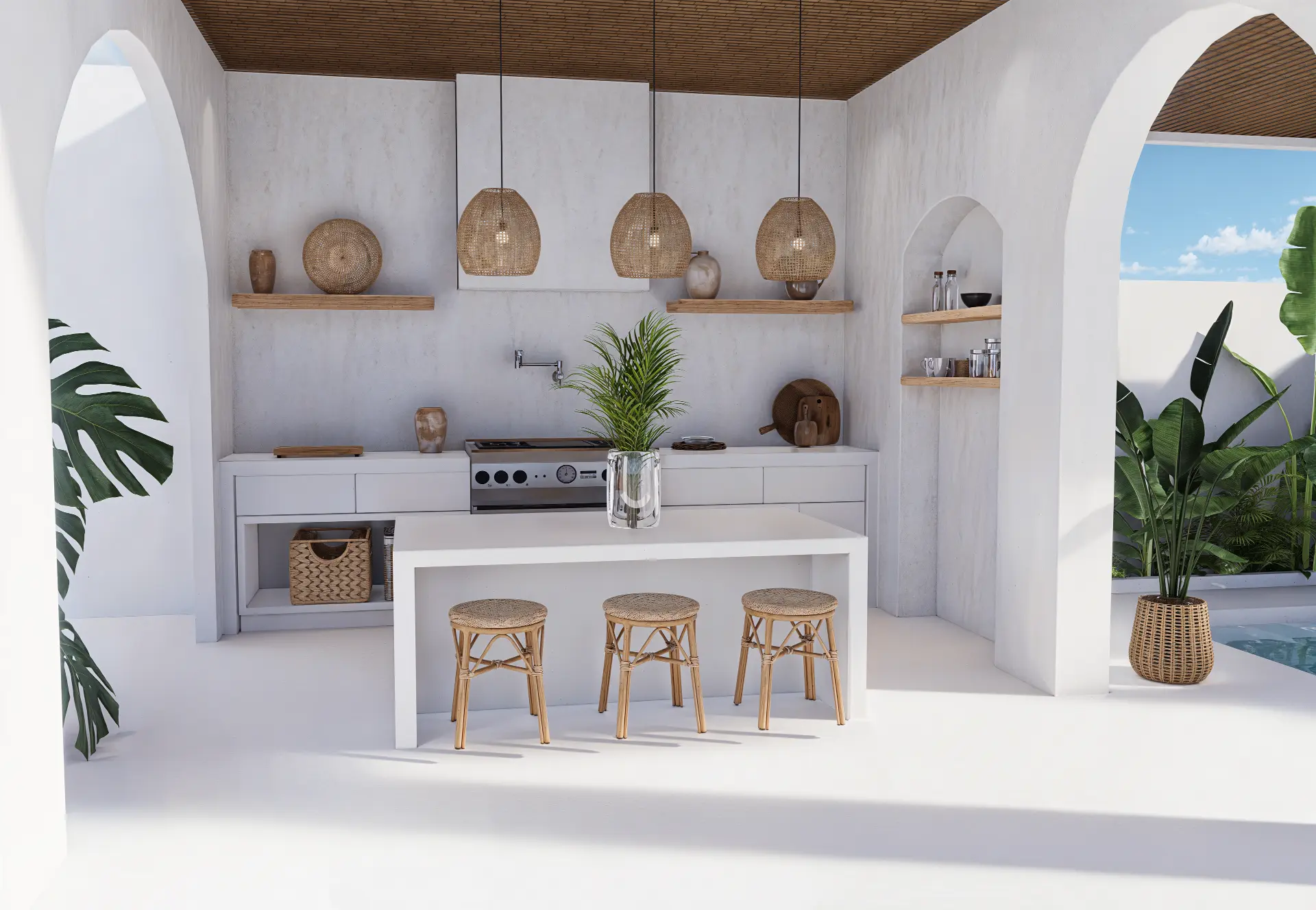 Outdoor kitchen with white cabinetry, arched openings, woven pendant lights and rattan stools