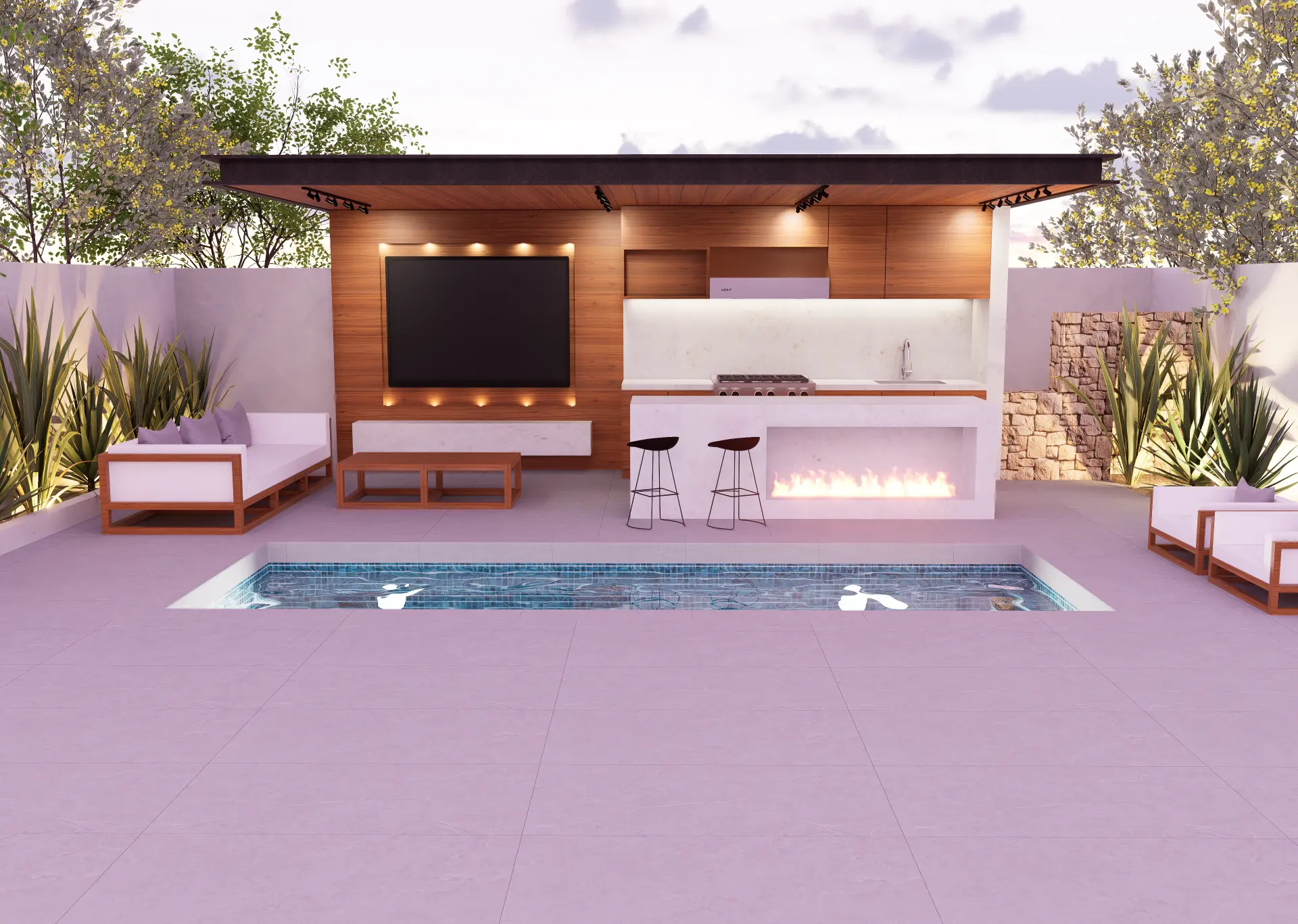 Backyard outdoor kitchen and pool lounge with wood cabinetry, white counters, fireplace, and TV in Huntington Beach