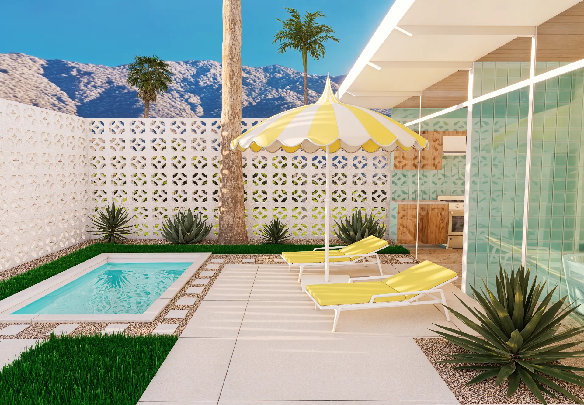 Midcentury pool courtyard with yellow lounge chairs, turquoise pool, breeze block walls, palm trees and mountain views in Palm Springs