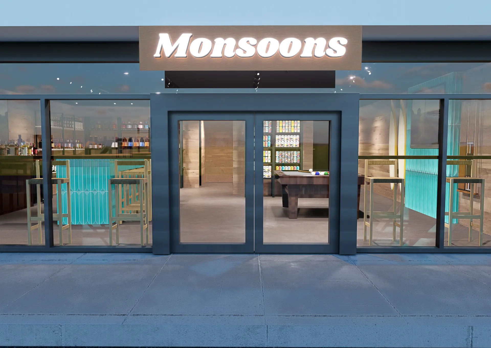 Exterior storefront of Monsoons zero proof bar and bottle shop in San Clemente at dusk