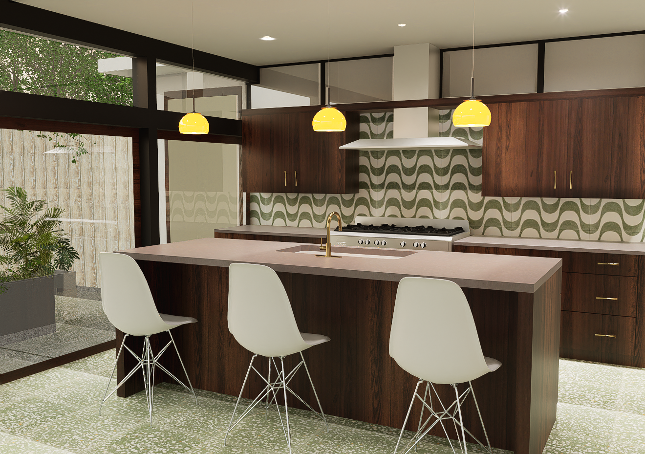 Midcentury kitchen renovation with dark wood cabinetry, green wave tile backsplash, island with white stools and yellow pendant lights in Orange, California