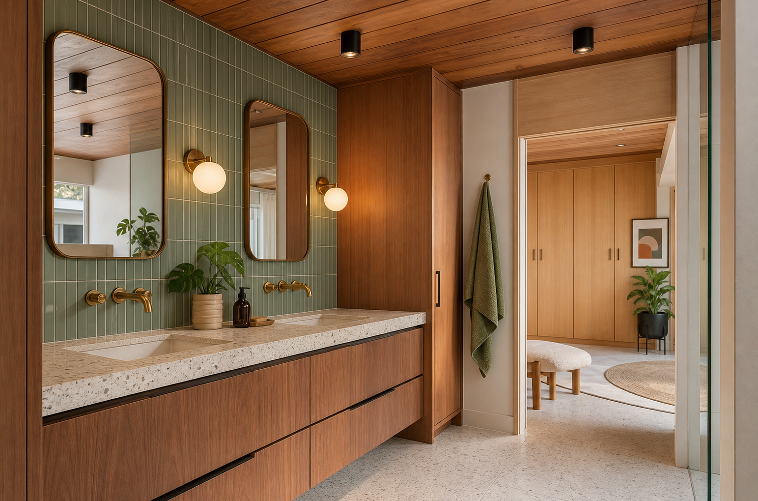 Midcentury bathroom redesign with terrazzo counters, green tile, walnut cabinetry, and brass fixtures