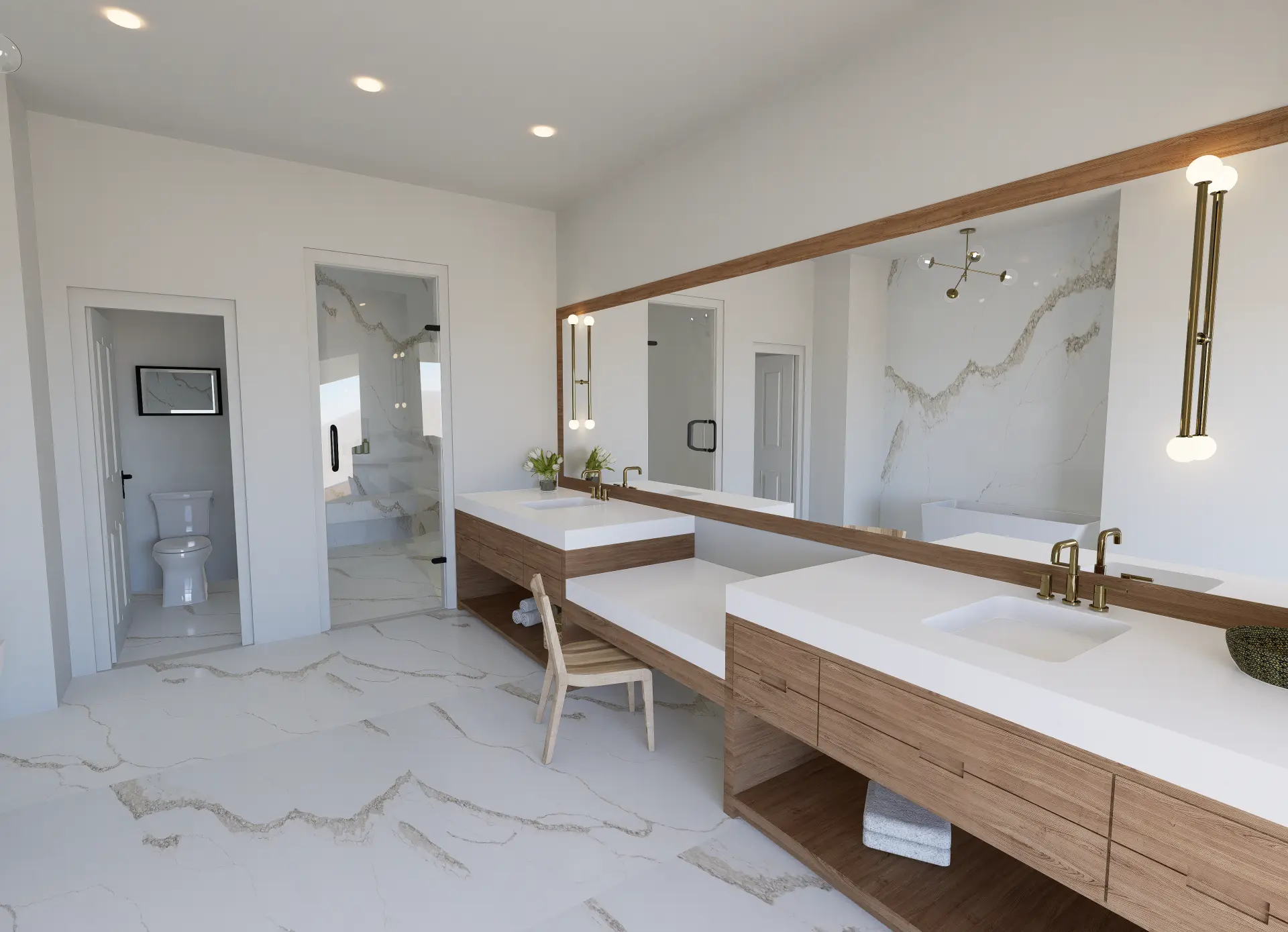 Photorealistic rendering of a renovated bathroom with custom wood vanities and marble finishes