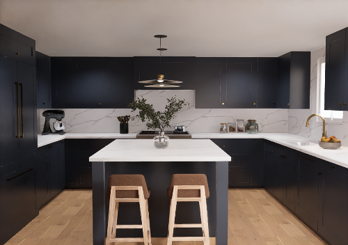 Kitchen island with navy shaker cabinetry, marble counters, brass pendants and oak flooring