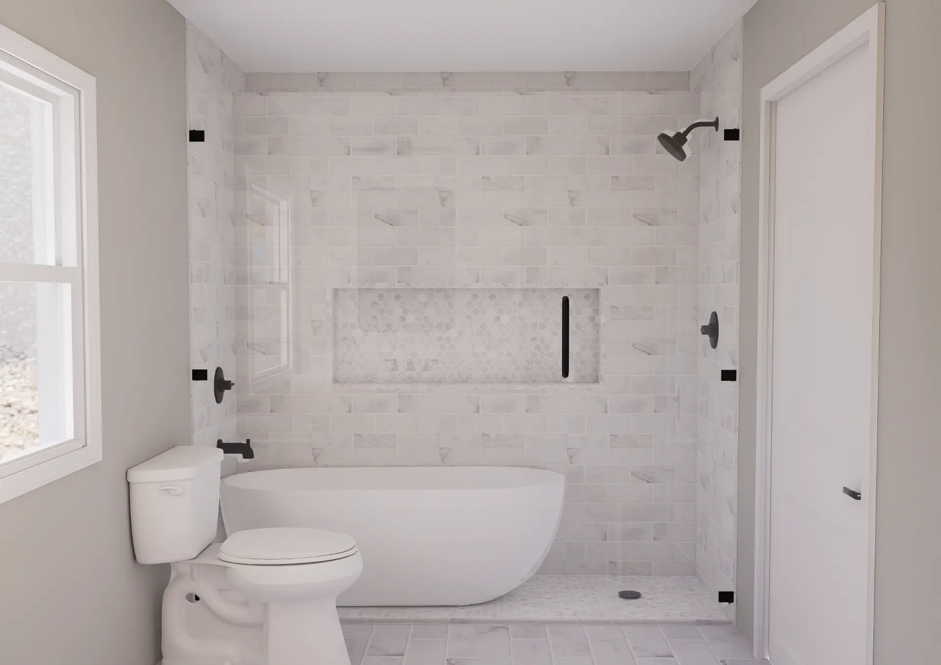 Wet bath with freestanding tub and shower behind a glass panel, marble subway tile walls