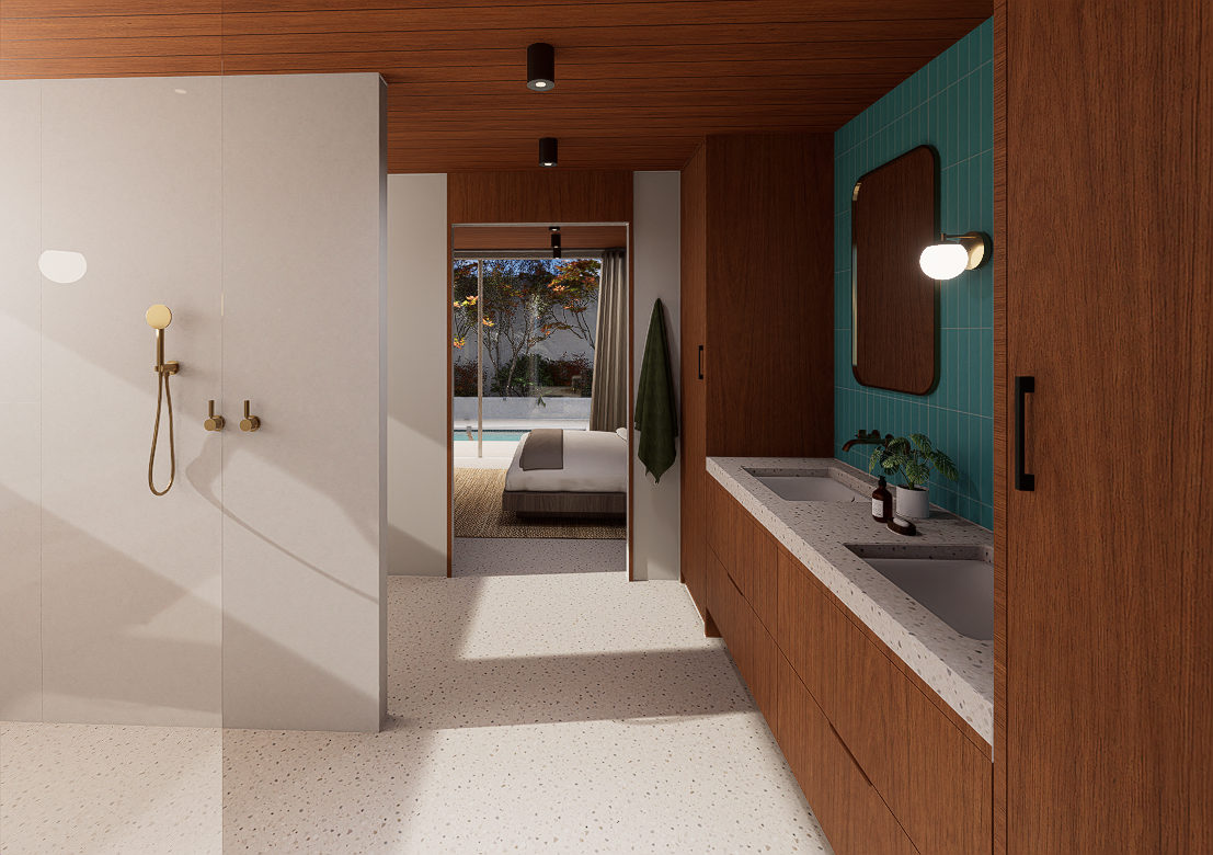 Midcentury primary bath with teal stacked tile, walnut cabinetry, terrazzo counters and a view to the pool in Orange, California