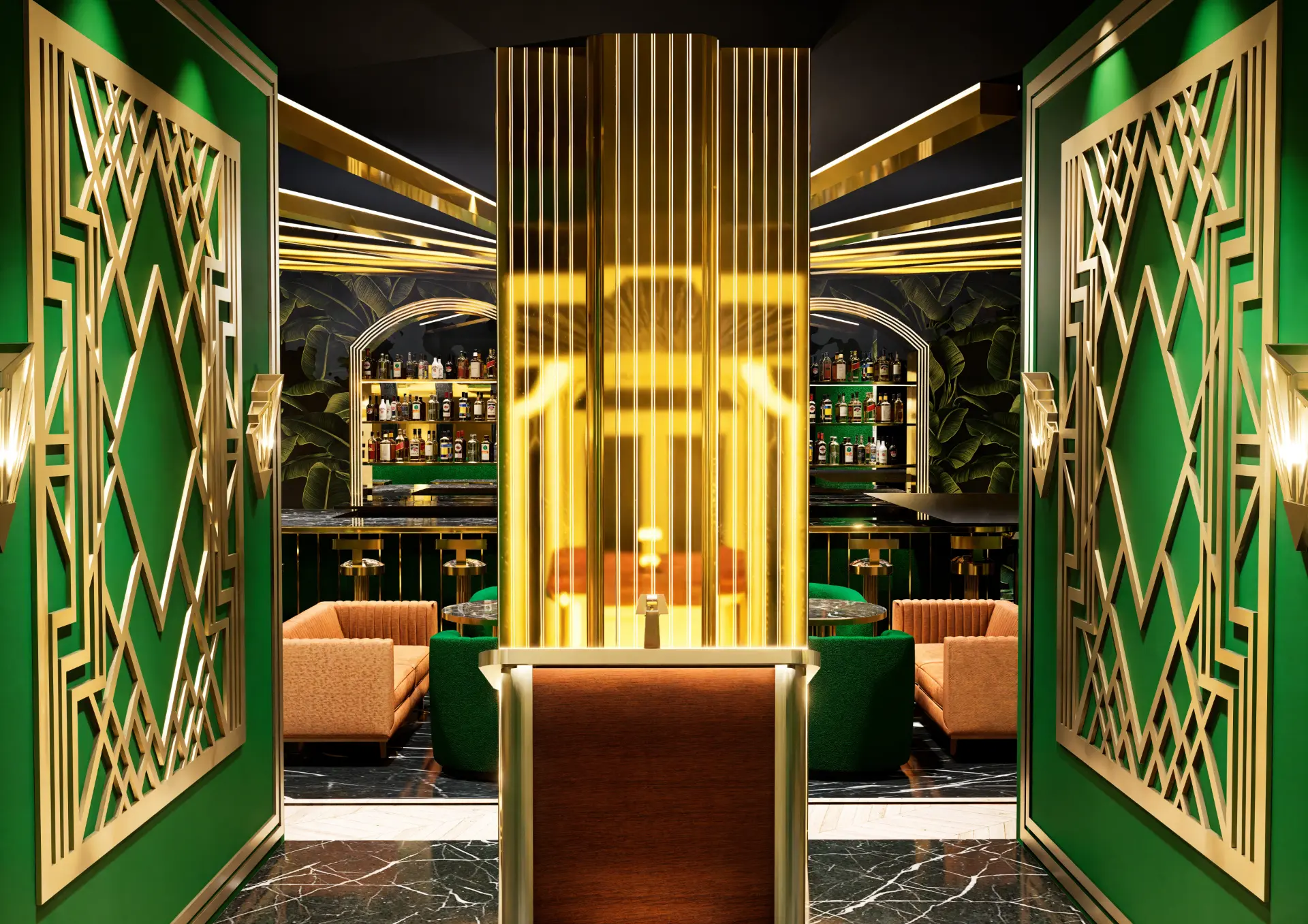 Entrance to the Blind Tiger lounge with emerald green walls, gold screens, and a view into the bar