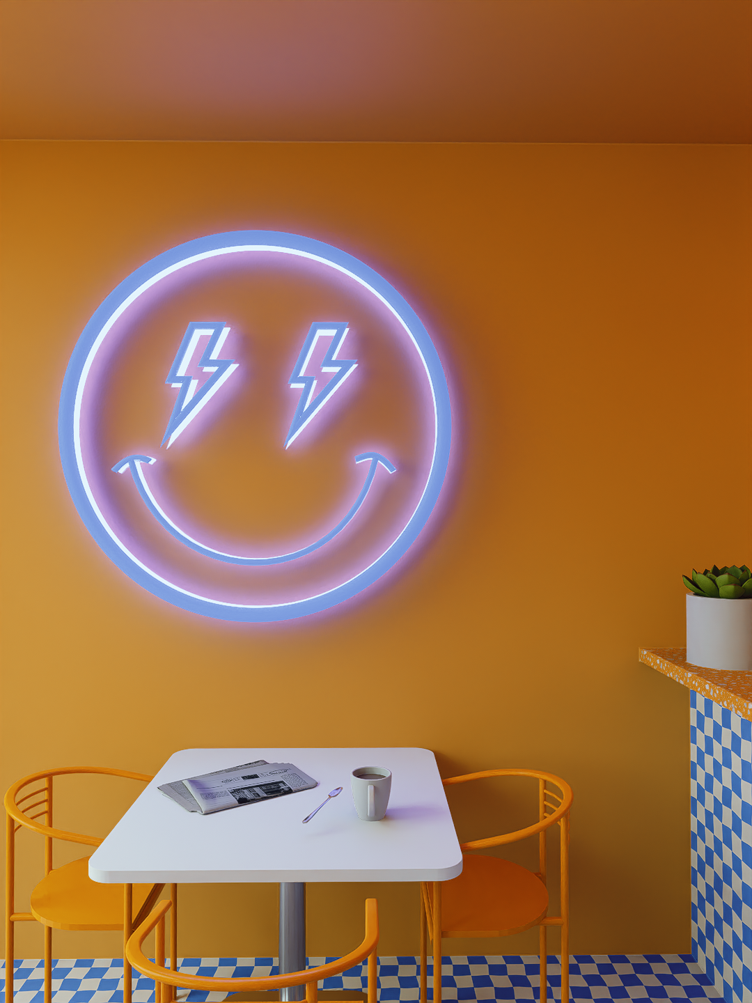 High Voltage coffee shop neon smiley sign with lightning bolt eyes glowing over a cafe table in Las Vegas