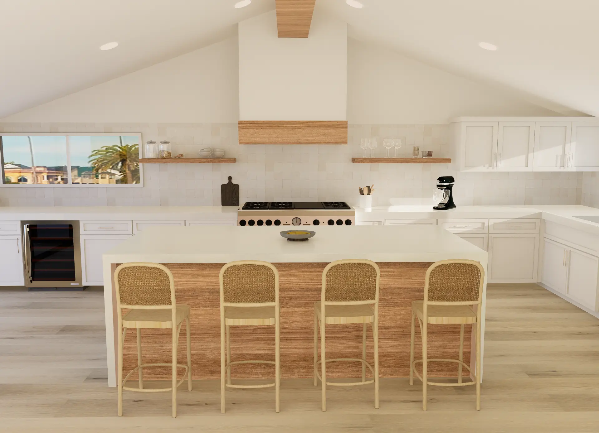 Renovated kitchen with vaulted ceiling, oak-clad island and cane counter stools